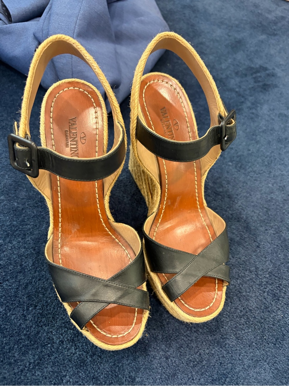 VALENTINO Black Leather Espadrille Wedge Sandals